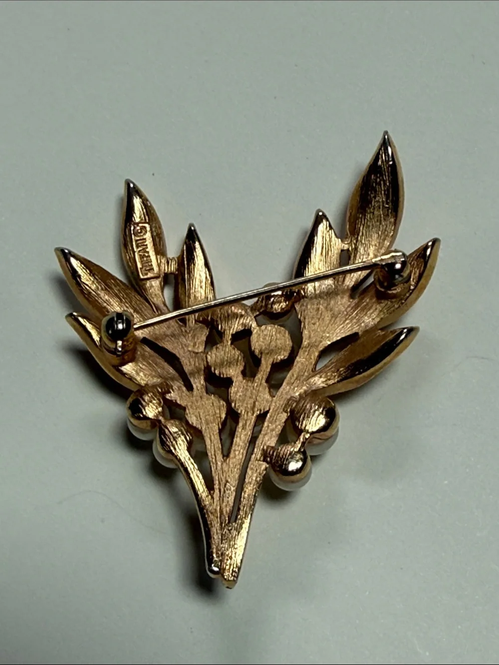 Vintage Crown Trifari Goldtone and Faux Pearl Leaf Brooch